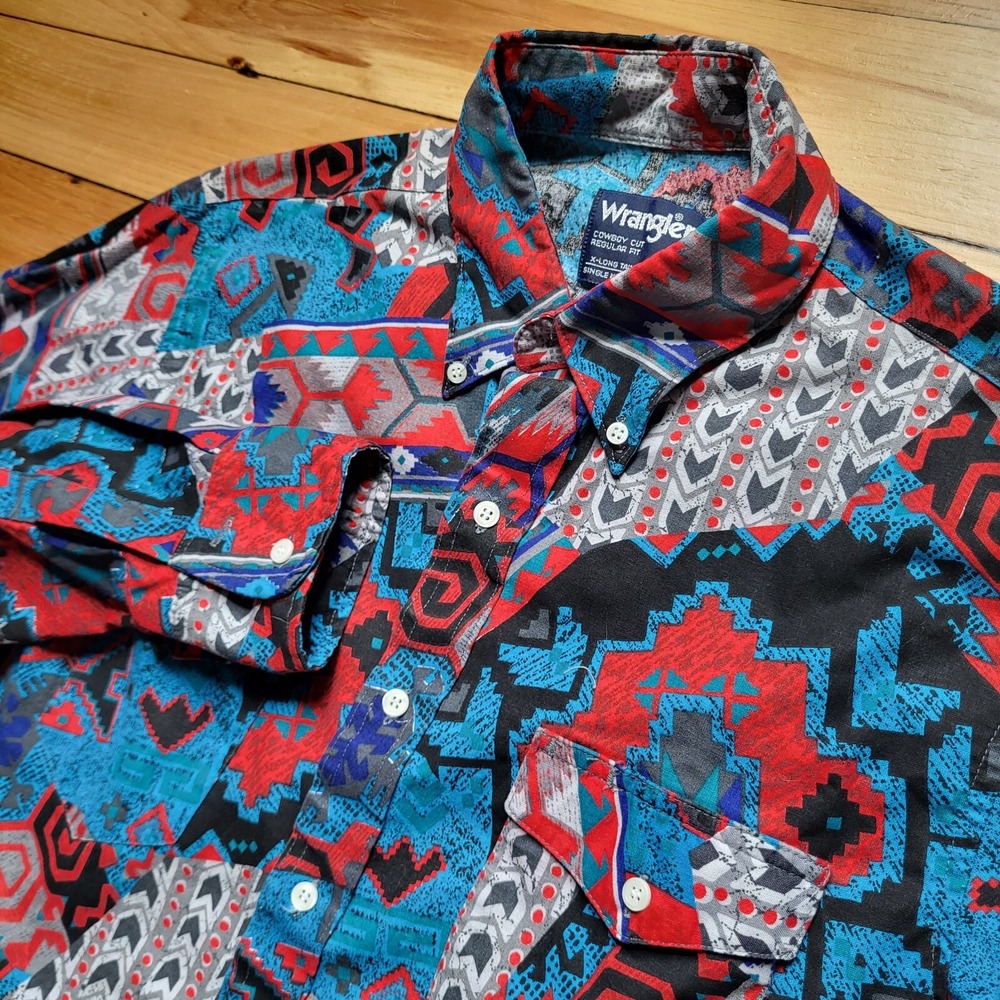 Vtg Wrangler Brushpopper Shirt Mens 16.5/34 Long Tails Cowboy Aztec Western 90s
